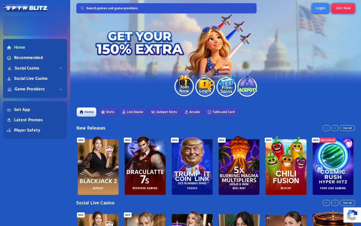 Screenshot of the SpinBlitz website